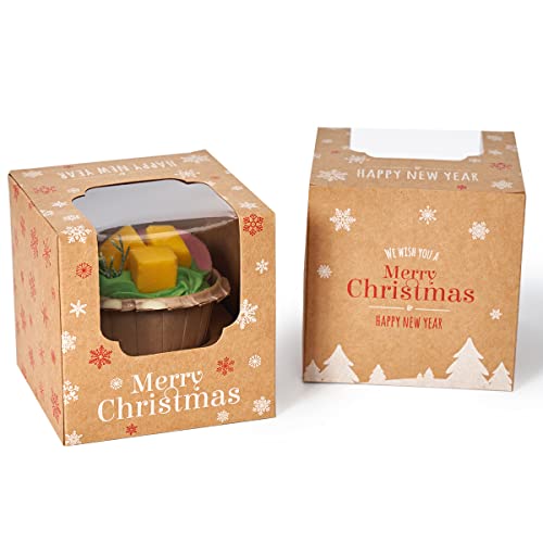 Happyhiram Christmas Cupcake Boxes 50 Pcs, Individual Box Brown Kraft with Christmas Trees and Window for Holiday Mini Gift Boxes for Ornament Cocoa Bombs Packaging for Winter Party Favors - color: Holiday Brown, size: 50-Count