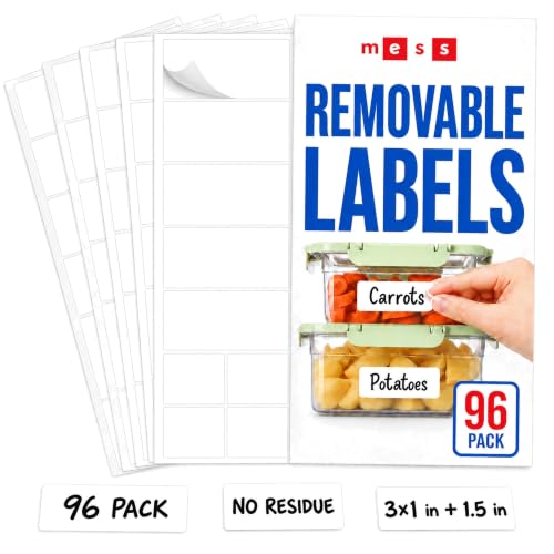 MESS Removable Food Labels for Containers (96-Pack) 1x3" & 1.5" Erasable Kitchen Labels for Organizing, Freezer & Fridge, White Dry Erase Labels for Jars | Freezer and fridge safe, waterproof, wipe clean with marker, no residue, reusable, pantry jars, spi