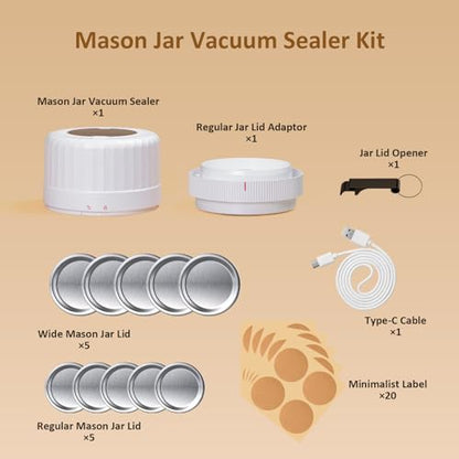 HTPOW Automatic Mason Jar Vacuum Sealer, One-Touch for Food Storage | Canning, pickling, one-touch operation, 1300mAh rechargeable battery, wide & regular mouth jar compatible - color: White