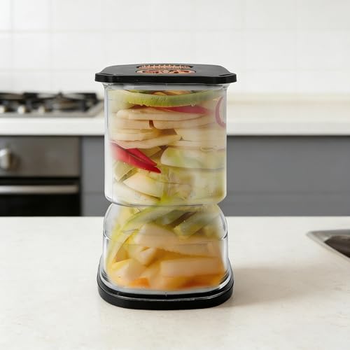 Square Kimchi Jar with Fork, Pickle Container, Glass Fermentation Crock with Airtight Lid & Pickle Fork, Sauerkraut, Pickles, Maker for Refrigerator, Kitchen, Home (Black) - color: Black