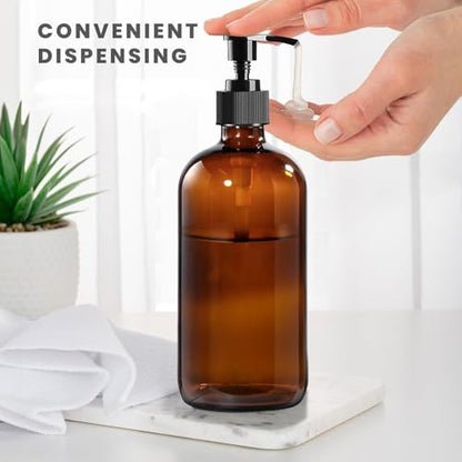 4 Pack 16 oz Amber Glass Bottles with Pumps for Shampoo, Essential Oils, Cleaning Products, Lotions, Aromatherapy Oil, Pump Bottles, Refillable Containers with Cap, 8 Chalk Labels, 1 Pen - size: 16 oz Amber 4Pack