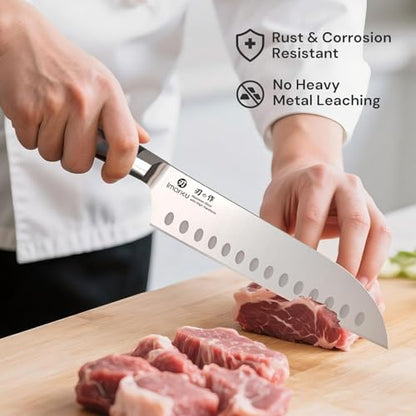 imarku Japanese Santoku Knife 7 Inch, Ultra Sharp Chef Knife, Professional Grade Powder High Carbon Steel Forged Kitchen Knife, PakkaWood Ergonomic Handle, Gifts for Women and Men - color: Classic Brown