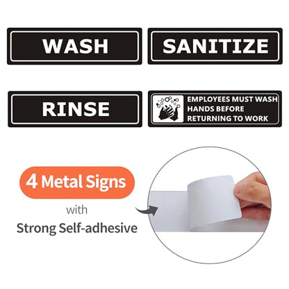 (4 PACK) Wash Rinse Sanitize Sink Labels Signs Stickers with Employees Must Wash Hands Sign, Self-adhesive Waterproof Aluminum Metal Sign for Restaurant Kitchen Sinks (9x3 inch, Black) - color: Black/White, size: 9" x 3"