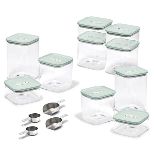 Caraway 26-Piece Ultimate Airtight Glass Food Storage Containers with Lids, Scoops, Measuring Cups and Organizers - Non-Toxic BPA-Free Stackable Space-Saving Containers for Pantry - Mist - color: Mist, size: 26-Piece Set