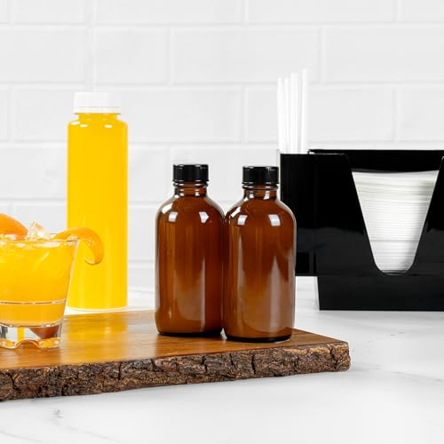 Restaurantware Vetri 4 Ounce Boston Glass Bottles, 24 Sample Bottles With Black Phenolic Caps - Dishwashable, Round, Amber Glass Bottle, For Potion, Juice, Ginger Shots, Whiskey, Liquids - color: Amber, size: 4 oz