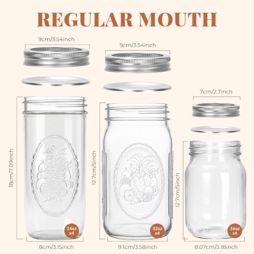 CycleMore Mason Jars Bundle, 12 Pack J Canning Jars With Bands and Lids, Ideal for Jam, Honey, Wedding/Shower Favors, DIY & Oats - 32 OZ x 4, 24 OZ x 4, 16 OZ x 4 (16oz - 24oz - 32oz) - size: Mixed Size Bundle