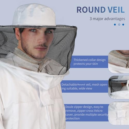 Bee Suit Series,One-Piece Full Set of Clothing with Gloves,Polycotton Material is More Assured - color: White Round Veil, size: XXXL Large