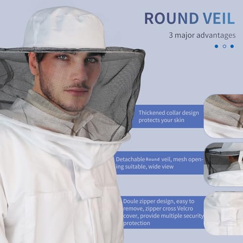 Bee Suit Series,One-Piece Full Set of Clothing with Gloves,Polycotton Material is More Assured - color: White Round Veil, size: XL Large