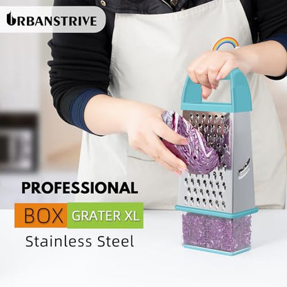 Urbanstrive Cheese Grater With Container, Professional Cheese Grater with Handle, Stainless Steel Graters for Kitchen Handheld, Box Grater with 4 Sides for Vegetables, Ginger, Potatoes (Blue) - color: Blue