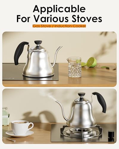 Gooseneck Kettle， Pour Over Coffee Tea Pot, Small 28oz, Brushed | Food Grade Stainless Steel, Precise Gooseneck Spout, for Camping, Home & Kitchen, Induction & Gas Applicable - style: Brushed Silver
