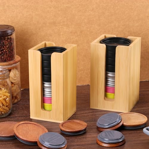 2 Pack Square Bamboo Mason Jar Lid Organizer, Vertical Canning Lid Storage Holder for Wide Mouth & Regular Mouth Lids, Fits 20-24 Mason/Canning/Bamboo Lids，Modern Kitchen Organization Accessories