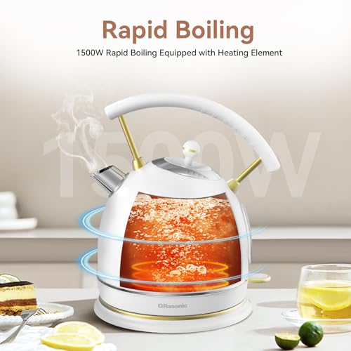 Rasonic Retro Electric Kettle Stainless Steel, 1.8L Tea Water Boiler, 1500W Fast Quiet Boil, Temperature Gauge, Auto Shut-Off, Boil-Dry Protection, White Champagne Gold - color: White