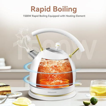 Rasonic Retro Electric Kettle Stainless Steel, 1.8L Tea Water Boiler, 1500W Fast Quiet Boil, Temperature Gauge, Auto Shut-Off, Boil-Dry Protection, White Champagne Gold - color: White