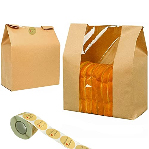 200 Pack Large Sourdough Bread Bags for Homemade Bread & 500 Stickers | 14" X 8.3" X 3.5" Kraft Bags with Clear Window Bread Bags for Homemade Bread, Bakery Display, Cookies, Popcorn and Gifts - color: 200 Pack Yellow