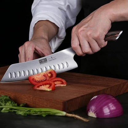 HOSHANHO 17.8cm(7인치) 일본 셰프 나이프, 매우 날카로운 고탄소 스테인리스 스틸 주방 칼, 인체 공학적 파카우드 손잡이가 있는 전문 산토쿠 나이프 - size: 7"