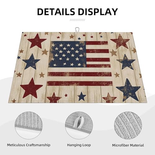 American Flag Stars Wood Microfiber Dish Drying Mat 18x24 Inch - Absorbent Non-Slip & Quick Dry Kitchen Counter Dish Drainer Pad, Rustic Farmhouse Style - color: American Flag Stars Wood