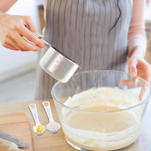 Stainless Steel Measuring Cups and Spoons Set, 6 Stainless Steel Measuring Cups, 7 Measuring Spoons & 1 Leveler, 3 Plastic Measuring Cup with 1 Measuring Conversion Chart - color: Sliver-Round Measuring Spoons and Cups Set