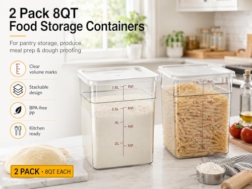 2 Pack 8Qt Clear Food Storage Containers with Lids – BPA-Free Stackable Kitchen Organizer for Pantry, Fruits, Vegetables, Meal Prep & Dough Proofing