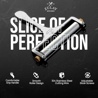 Zulay Kitchen Stainless Steel Wire Cheese Slicer - Adjustable Hand Held Cheese Cutter with 2 Extra Wires - Premium Cheese Shaver For Mozzarella, Cheddar, Gruyere - Cheese Cutter with Wire (Gunmetal) - color: Gunmetal