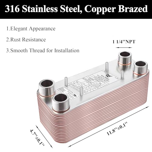 AB Plate Heat Exchanger, 5"x 12" 10 Plates Water To Water Heat Exchanger, Copper/SS316L Stainless Steel Brazed Plate Heat Exchanger For Floor Heating, Water Heating, Snow Melting