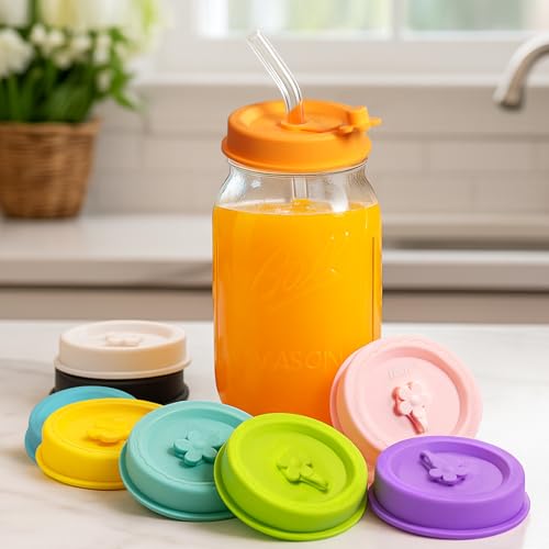Silicone Mason Jar Lids with Straw Hole for Regular & Wide Mouth Jars | Regular and Wide Mouth Compatible, With Straw Hole, With Stopper,BPA Free,Dishwasher Safe - color: light color 4pcs