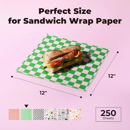 Fit Meal Prep [250 Sheets] 12x12" Deli Paper Sheets, Green and White Checkered Dry Waxed Paper, Sandwich Wrapping, Grease-Proof Wax Paper for Food Basket, Chritmas Parties, Picnic, Burgers - color: Green Checkered