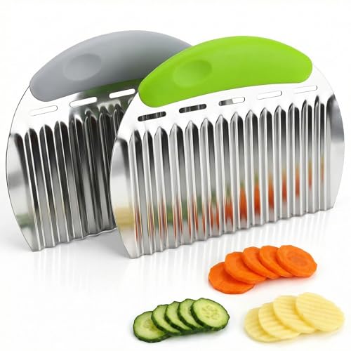 2 Pcs Stainless Steel Crinkle Chopper & French Fry Cutter Heavy Duty Wavy Potato Slicer for Vegetables Fruits Cheese Kitchen Gadget Vegetable Chopping Tool (White & Green) - color: white&green