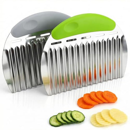 2 Pcs Stainless Steel Crinkle Chopper & French Fry Cutter Heavy Duty Wavy Potato Slicer for Vegetables Fruits Cheese Kitchen Gadget Vegetable Chopping Tool (White & Green) - color: white&green