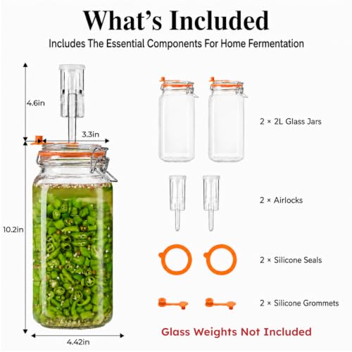2L Fermentation Jar, Wide Mouth Glass Fermenting Kit wit Airlocks, 2-Pack | Fermentation Glass Jars With Self-Burping Airlocks for Sauerkraut, Kimchi, Pickles, Mead, Cider and Other Homemade Ferments