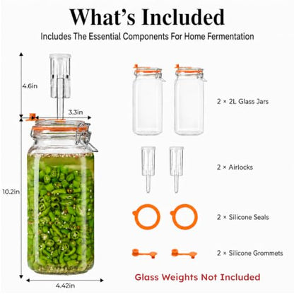 2L Fermentation Jar, Wide Mouth Glass Fermenting Kit wit Airlocks, 2-Pack | Fermentation Glass Jars With Self-Burping Airlocks for Sauerkraut, Kimchi, Pickles, Mead, Cider and Other Homemade Ferments
