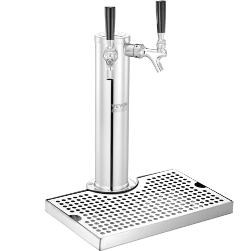 VEVOR Kegerator Tower Kit, Dual Taps Beer Conversion Kit, Stainless Steel Keg Beer Tower Dispenser with Dual Gauge CGA320 Regulator & D-System Keg Coupler, Beer Drip Tray for Party Home - style: Dual Taps