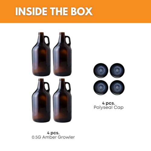 True Fabrications 1/2 Gallon Brown Beer Growler with poly seal caps, Reusable, Has Uv Protection (Pack of 4) - size: 4 Pack