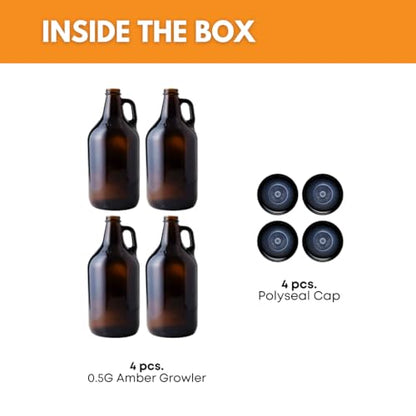 True Fabrications 1/2 Gallon Brown Beer Growler with poly seal caps, Reusable, Has Uv Protection (Pack of 4) - size: 4 Pack