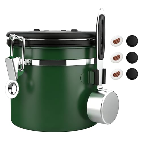 ShanSon Coffee Canister Airtight, Stainless Steel Bean Storage Container with Date Tracker & Scoop, Grounds Sugar Flour Tea Cereal Fits Kitchen Pantry, Ideal Gift for Coffee Lovers,12oz, Dark Green - color: Dark Green, size: 12oz