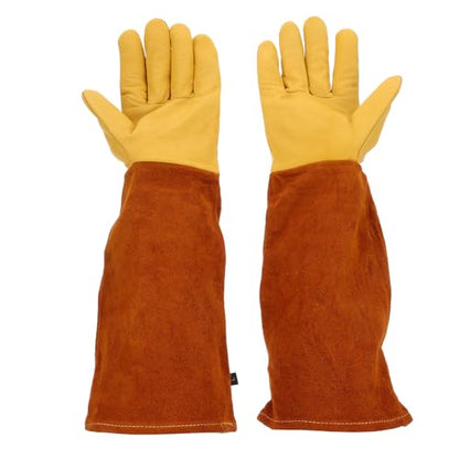 Long Sleeve Goat Leather Garden Gloves for Women Thorn and Puncture Resistant Yard Work with Brown Cowhide Cuff, Size L, Protective Rose Pruning and Beekeeping Gloves