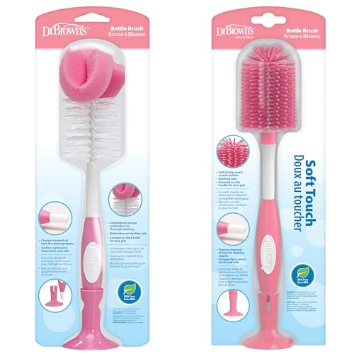 Dr. Brown's Reusable Sponge Baby Bottle Cleaning Brush + Soft Touch Bottle Brush, BPA-Free, Pink, 2-Pack - color: Pink Variety Pack, size: 2-Pack
