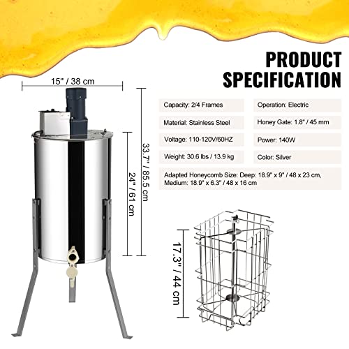 VEVOR Electric Honey Extractor, 2/4 Frame Stainless Steel Beekeeping Extraction, Honeycomb Drum Spinner with Transparent Lid, Apiary Centrifuge Equipment with Height Adjustable Stand - style: 4 Frame Rack(2 Deep Frames)