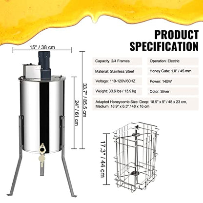 VEVOR Electric Honey Extractor, 2/4 Frame Stainless Steel Beekeeping Extraction, Honeycomb Drum Spinner with Transparent Lid, Apiary Centrifuge Equipment with Height Adjustable Stand - style: 4 Frame Rack(2 Deep Frames)