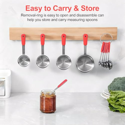 Bopei Measuring Cups and Spoons Set Stainless Steel 10 Piece for Cooking and Baking (5 Cups + 5 Spoons, Red Handle) - color: Red