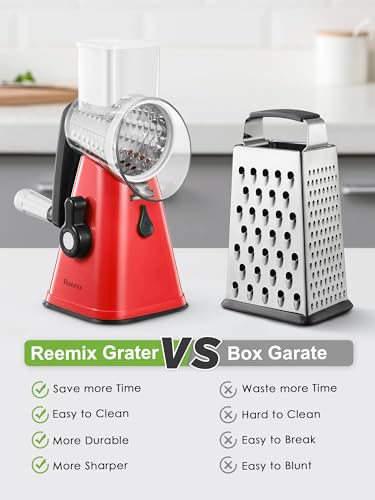 Rotary Cheese Grater with Handle, Reemix Vegetable Cheese Shredder Slicer Grater for Kitchen 3 Changeable Blades for Cheese Potato Zucchini Nuts Chocolate (Red) - color: Red
