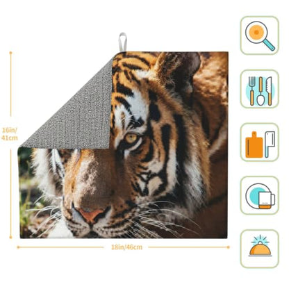 Wild Animal Tiger Dish Drying Mat for Kitchen Counter, Absorbent Microfiber Drainer Mats, Non-slip Kitchen Draining Mat for Coffee Machine Dish Rack Pad 18"x16" Dish Drainer Pad - color: Wild Animal Tiger