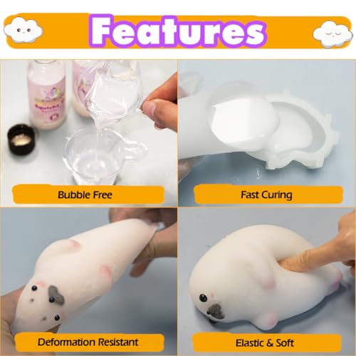 Taba Squishy Kit Big Seal Silicone Mold 6''+Liquid Gel+Flocking Cute Animal Making Set - color: 6" Seal
