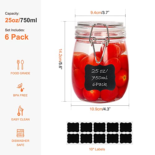 Betrome 25 oz 6 Pack Clear Glass Jars With Airtight Lids, Preserving Jars | 750ml Wide Mouth Storage Containers with Leak Proof Rubber Gasket, Mason Jars With Hinged Lids For Kitchen Storage Canisters