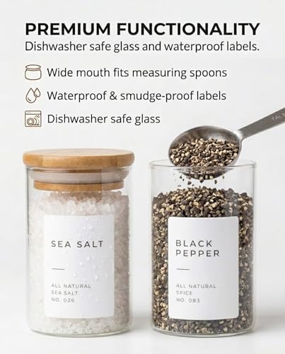 Bloomondo Glass Spice Jars with Label Pack (12x Bamboo Lid Glass Jar) Small 6oz Empty Spice Storage Bottles with 112 Printed Stickers and 48 Writable Pantry Labels for Seasoning Containers
