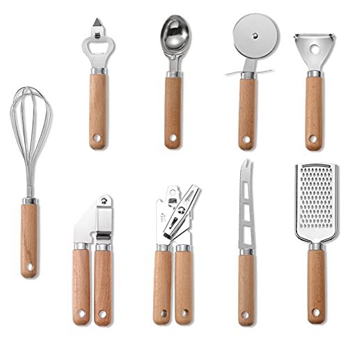 9 Pcs Kitchen Gadget Set Stainless Steel Utensil Set Wood Handle with Pizza cutter, Garlic press, Can opener, Bottle opener, Ice cream scoop, Peeler, Cheese grater, Cheese knife, and Whisk