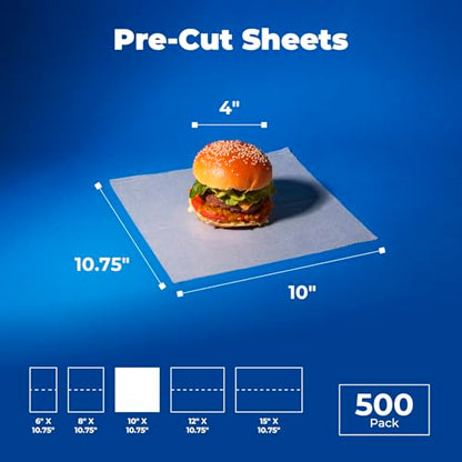 Fit Meal Prep [500 Pack] 10 x 10.75" Wax Paper Sheets for Food, Interfolded Precut Deli Pop Up Grease-Proof Sandwich Paper Wraps, Waterproof for Lunch, Food Basket, Microwave Cover, BBQ - size: 10 x 10.75"