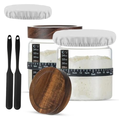 Sourdough Starter Jar Kit - Pack of 2, 35oz Wide Mouth Glass Jars for Sourdough Starter with Date Marked Feeding Scale, Thermometer, Cloth Cover, Scraper & Wooden Lid, Sourdough Jars
