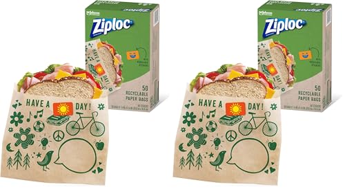 Ziploc Paper Sandwich and Snack Bags, Recyclable & Sealable with Fun Designs, 50 Bags Total (Pack of 2) - size: 50 Count (Pack of 2)