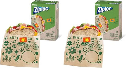 Ziploc Paper Sandwich and Snack Bags, Recyclable & Sealable with Fun Designs, 50 Bags Total (Pack of 2) - size: 50 Count (Pack of 2)