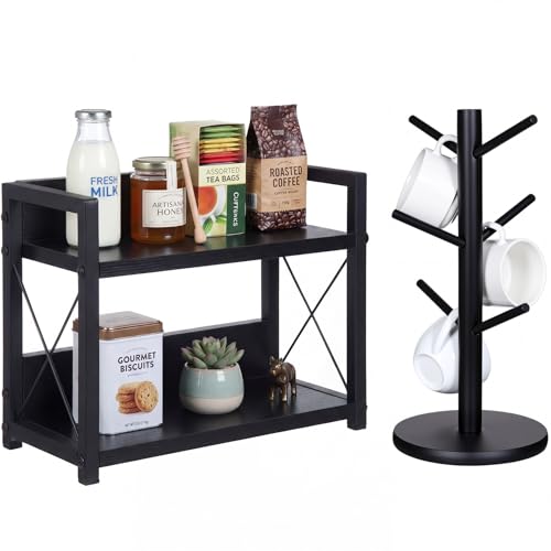 Novabright 2 Pack 2-tier Coffee Bar Organizer Countertop Shelf with 6 Hooks Mug Holder Tree, Cup Holder with Coffee Organizer Station Bar Accessories Spice Rack for Mugs Cups Housewarming Gift(Black) - color: Black